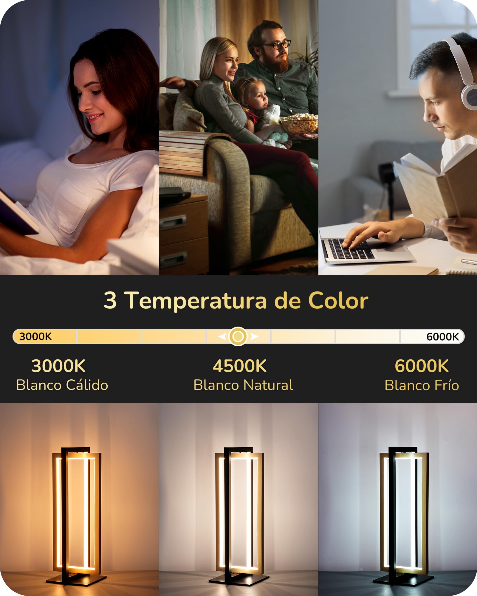 EDISHINE Lámpara de Mesa LED Negro Oro, Táctil Regulable, 3 Temperaturas | Lámpara Mesita con Estructura Metálica Giratoria, Función Memoria, 750 Lúmenes, para Dormitorio, Salón y Oficina