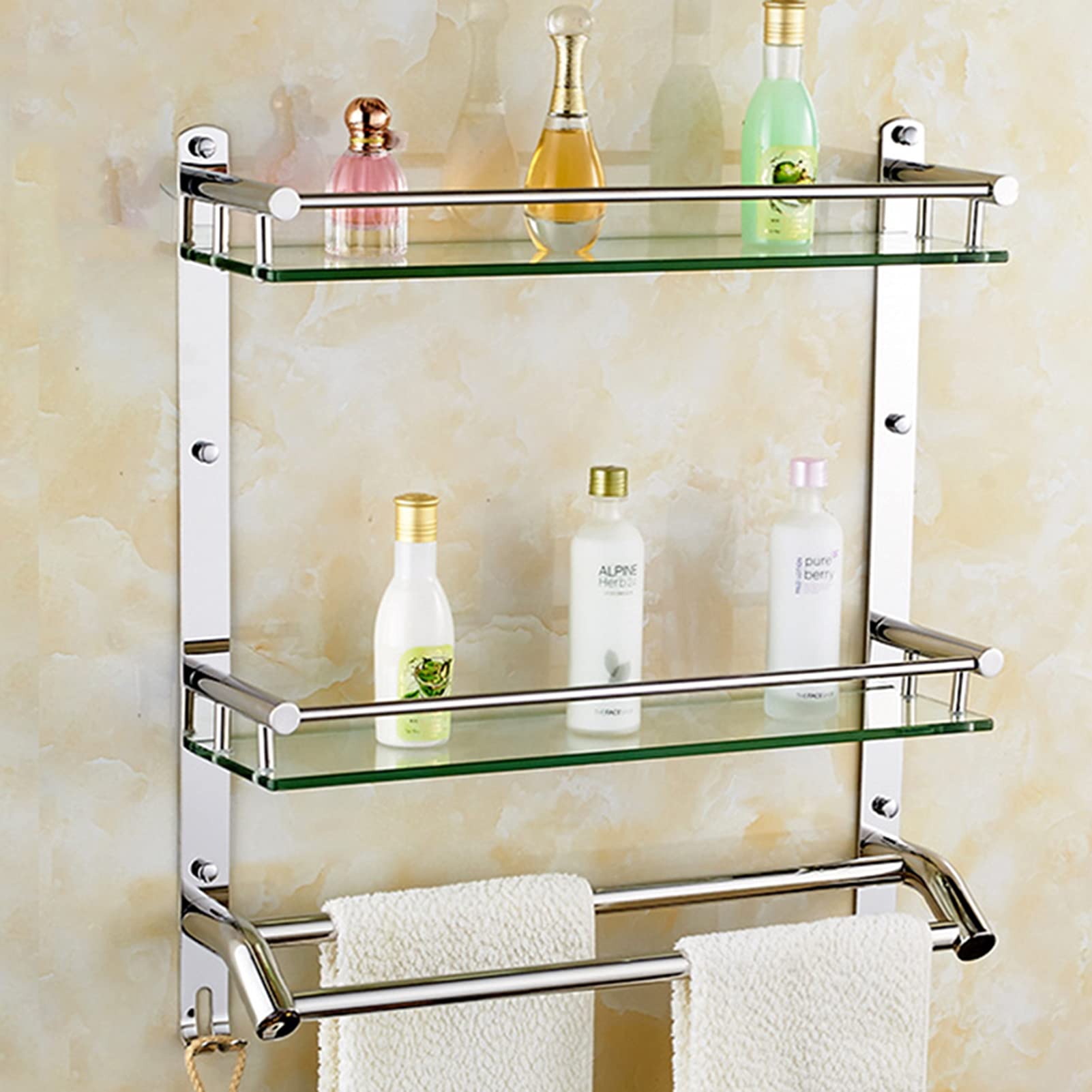 VDOMUS Badezimmer-Wandregal Aus Glas – 2-stöckig Mit Handtuchstange, 38,6 X 12,7 Cm, Gebürstetes Silber