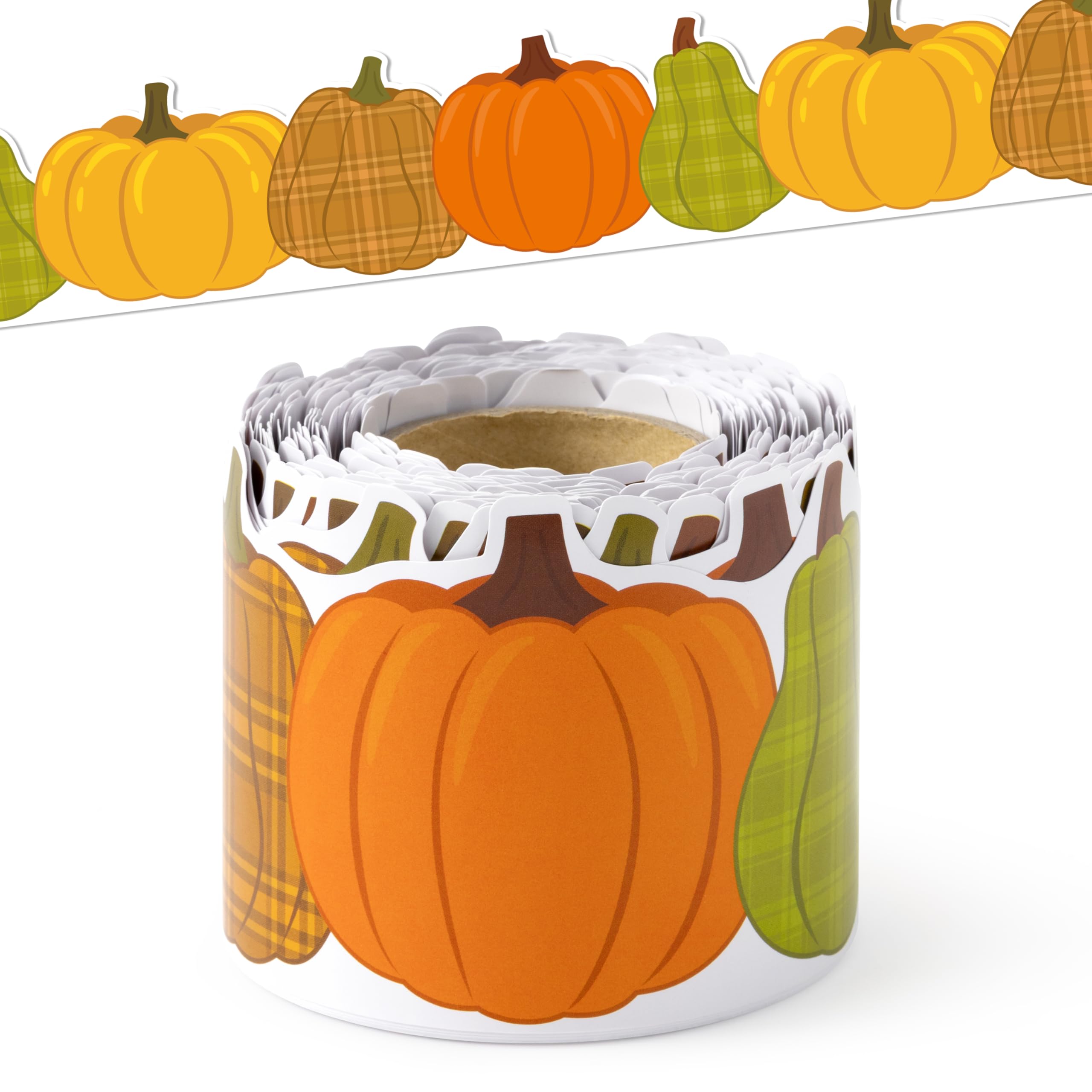 BeYumi Fall Pumpkin Border Trim - 65ft Plaid Pumpkin Border Classroom Decor | Thanksgiving Halloween Pumpkin Rolled Bulletin Board Border Office School Chalkboard Kindergarten Classroom Wall Party Decor