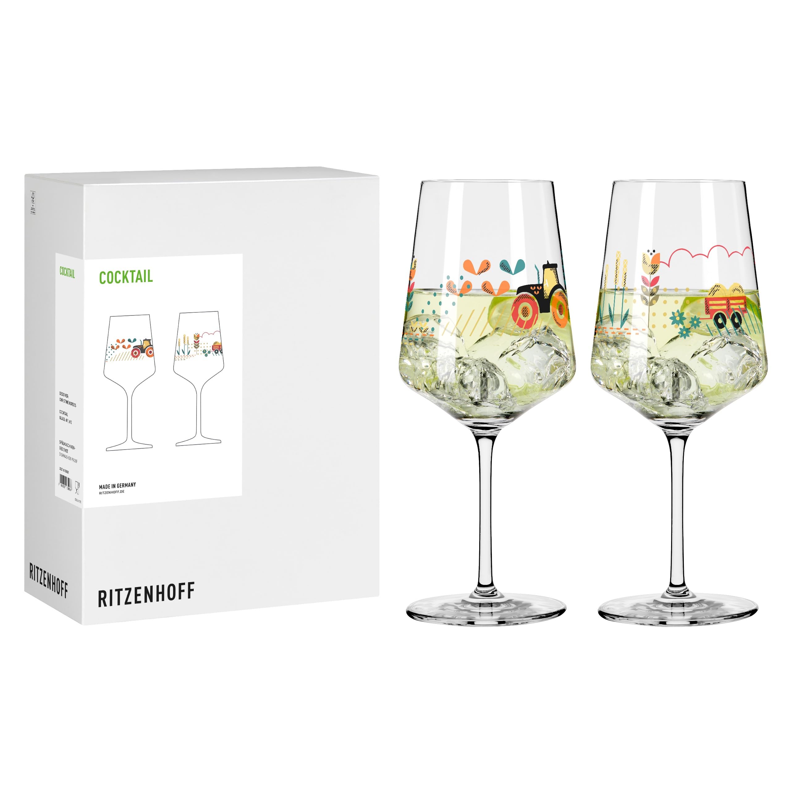 RITZENHOFF 8183001 Cocktail-Glas 2er Set 500 ml, Serie Farm, Nr. 1 & 2 mit buntem Farm Motiv - Made in Germany