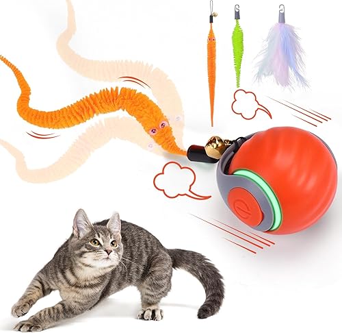 Pelota interactiva de juguete para gatos, activada por movimiento, bola recargable por USB con cubierta antiarañazos y 2 colas intercambiables,