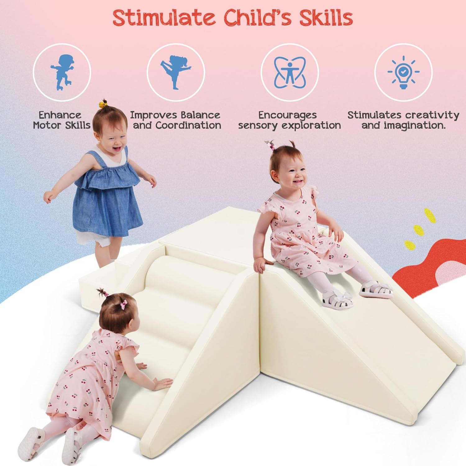 Indoor Kids Climb & Crawl Soft Foam Block Activity Play Set – 9-Piece Toddler Climbing Toys, Baby Crawling Play Equipment, Child Playtime Corner Climber Foam, PU Cover, High-Density Sponge (Beige)