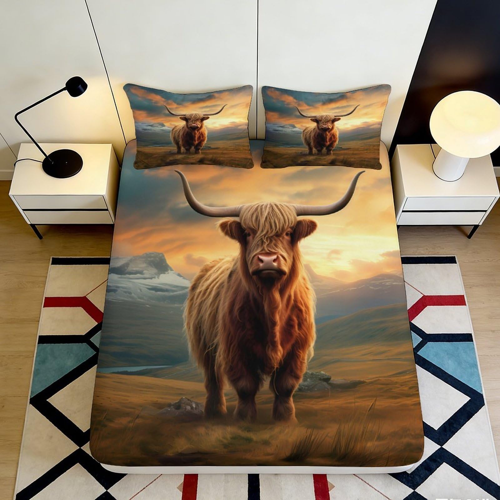 3D Printed Highland Cow Fitted Sheet Microfiber Deep Pocket Non-Slip Bedding Elastic Hem Highland Cow Mattress Fitted Cover for Adults 180x200x25cm