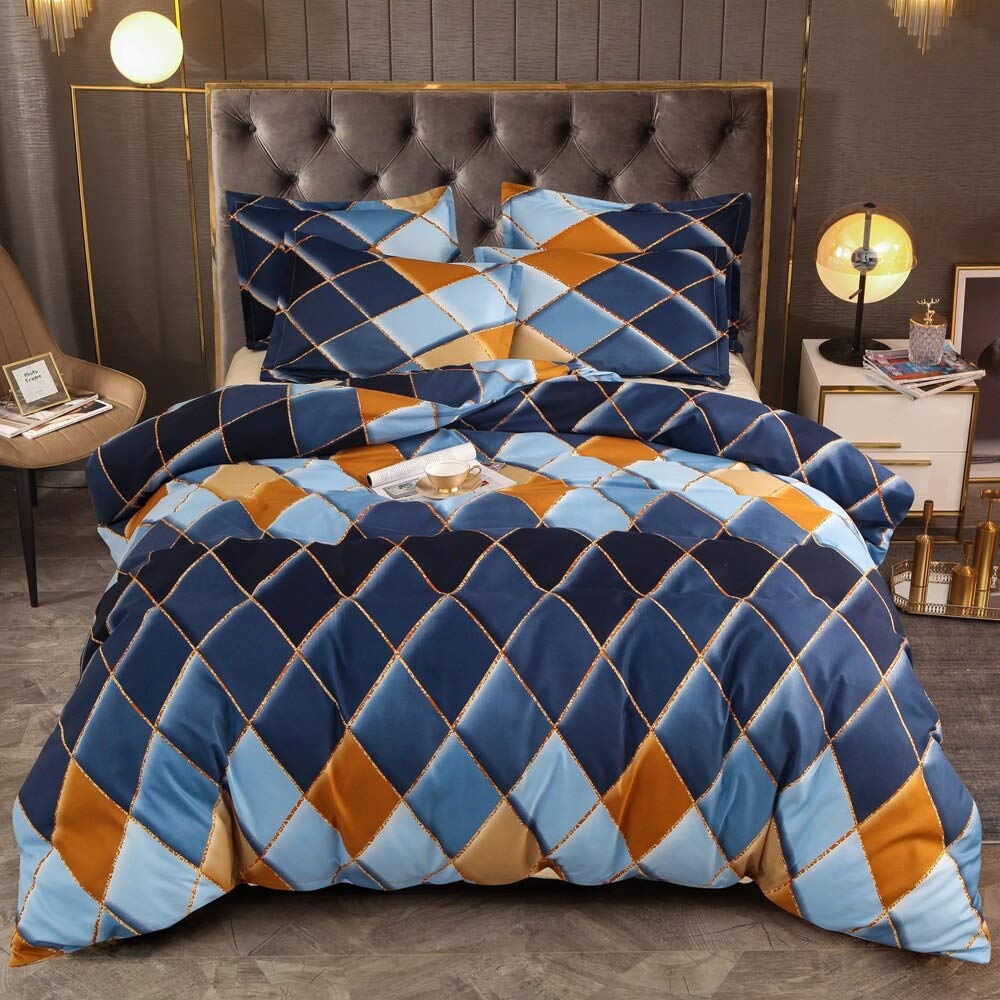 Housse de couette 140x210 motif losanges bleu pour lit d'adolescent moderne
