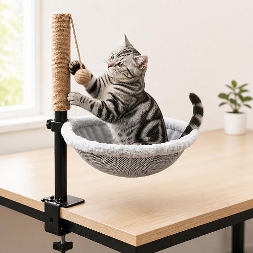 PatiencET Cat Desk Bed with Scratching Post Clamp-On Perch 360° Rotate