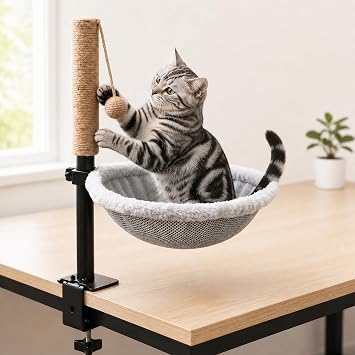 PatiencET Cat Desk Bed with Scratching Post Clamp-On Perch 360 Rotate