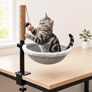 PatiencET Cat Desk Bed with Scratching Post Clamp-On Perch 360° Rotate | Close to You Off Your Desk;Rest, Scratch & Play in One;No Floor Space Needed; An Alternative to Cat Trees;Height Adjustable