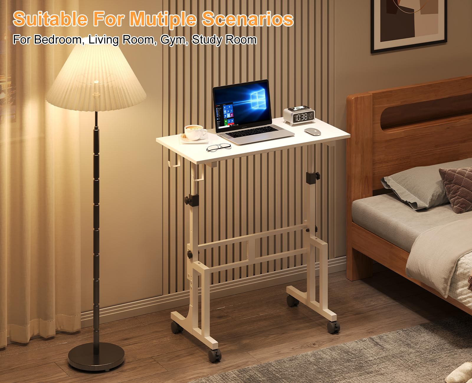 Small Adjustable Height Standing Desk With 2 Hooks Rolling Sit Stand Up Desk With Wheels Adjustable Mobile Portable — view 9