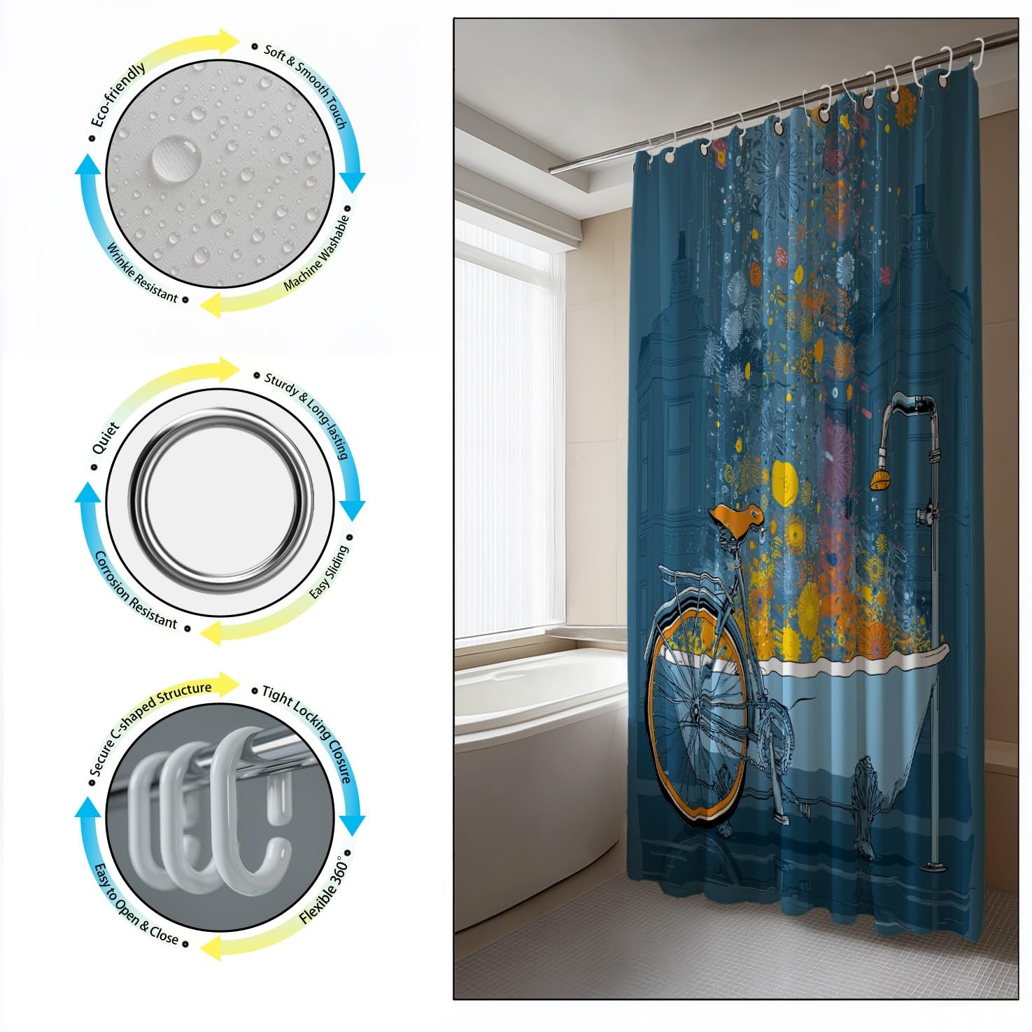 Generico Zasłona prysznicowa 120 x 200 cm, 1 sztuka, miękka mikrofibra, wodoodporna i odporna na pleśń, zmywalna, do łazienki lub wanny, z oczkami i haczykami, niebieski, zabawny rower z wanną