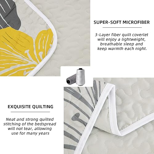 Miniatura 5 de Juego de edredón de 3 piezas, tamaño Queen, con patrón floral amarillo, elegante colcha bohemia con 2 fundas de almohada, juego de ropa de cama de