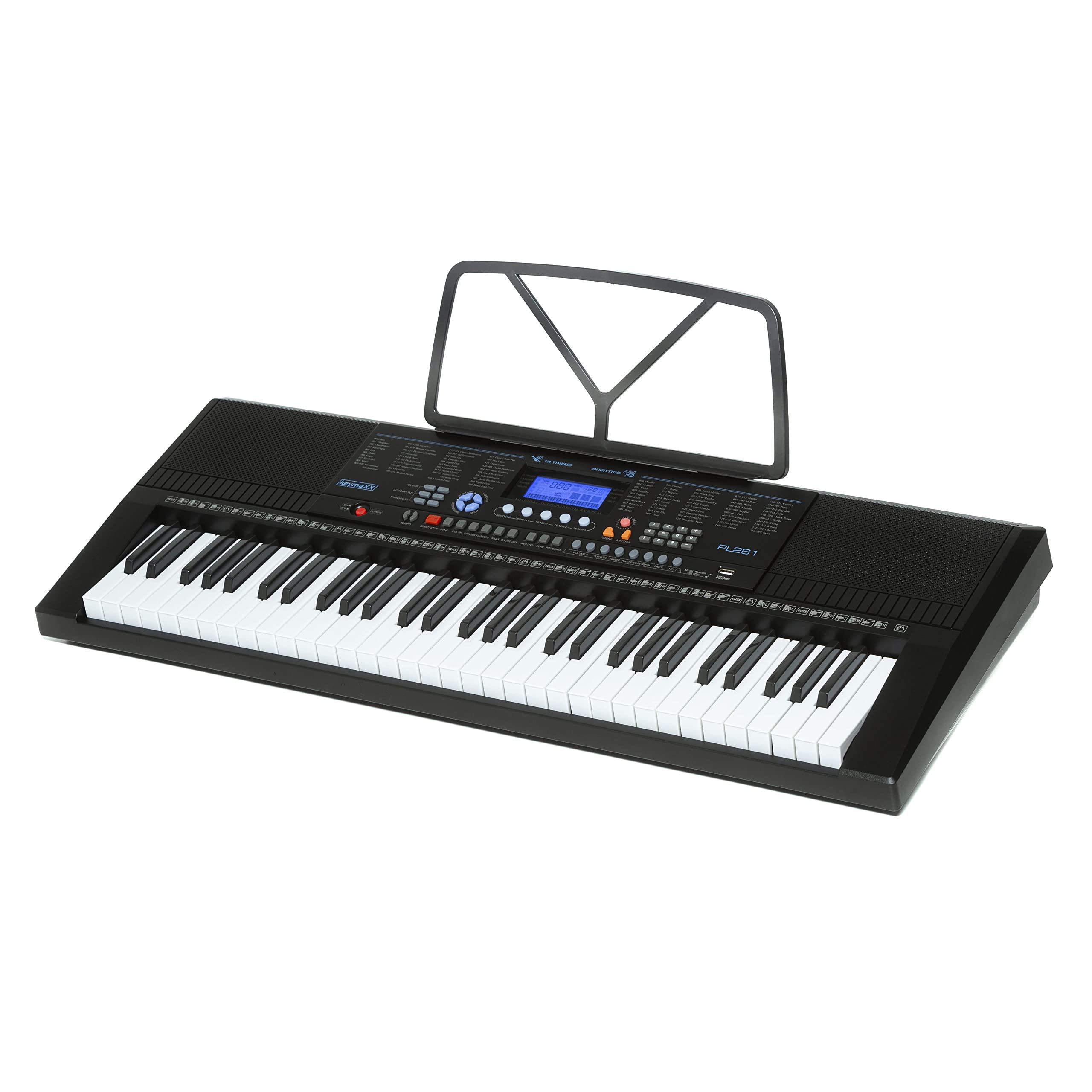 Keyboard mit 61 Tasten, Leuchttasten, Mikrofon, Notenhalter, Effekte, Lern-Funktion und 30 Demo Songs, ideal für Anfänger, schwarz