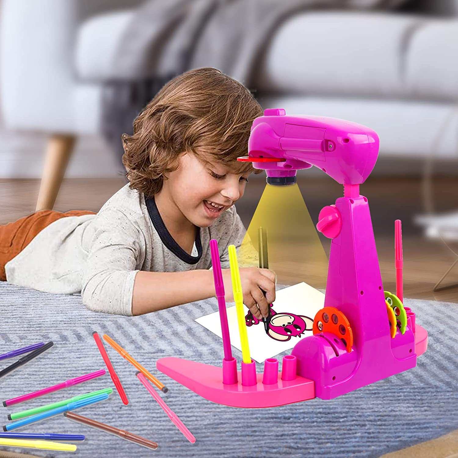 Proyector de dibujo para niños, proyector de dibujo inteligente, juguete de boceto con 32 patrones de dibujos animados y 12 pinceles de color, tamaño ajustable, no necesita aplicación, rosa 3