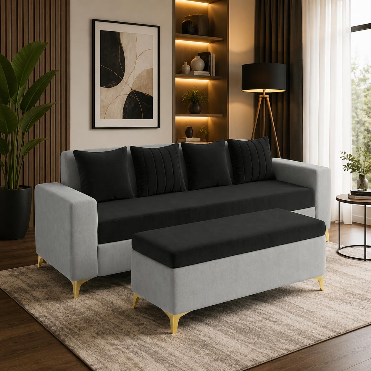 Alvaro Aviora 4 Seater Velvet Fabric Sofa Set with Upholstered Bench, Modern Living Room Couch, Space Saving Luxury Furniture for Home & Office - Black & Light Grey-image-40