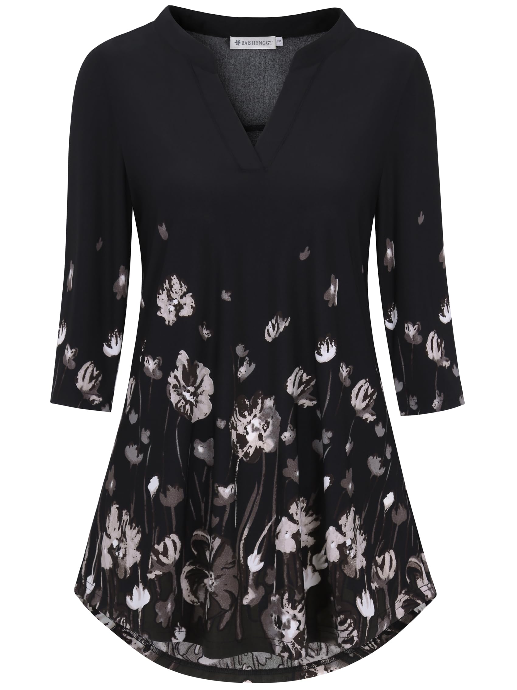 3/4 Sleeve Tops for Women Notch V Neck Floral Work Blouses Dressy Casual Loose Fit Going Out Tunic Tops