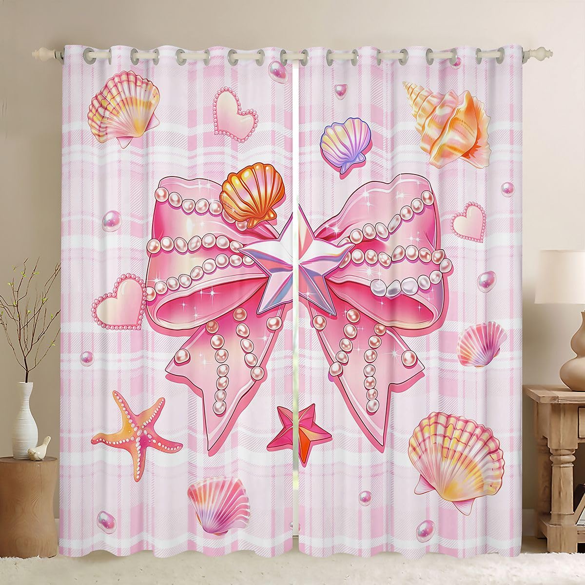 Homemissing Tende oscuranti con fiocco rosa per camera da letto e soggiorno, tende oscuranti con stelle marine e spiaggia, 2 pannelli (larghezza x lunghezza) 167,6 x 228,6 cm (larghezza x lunghezza