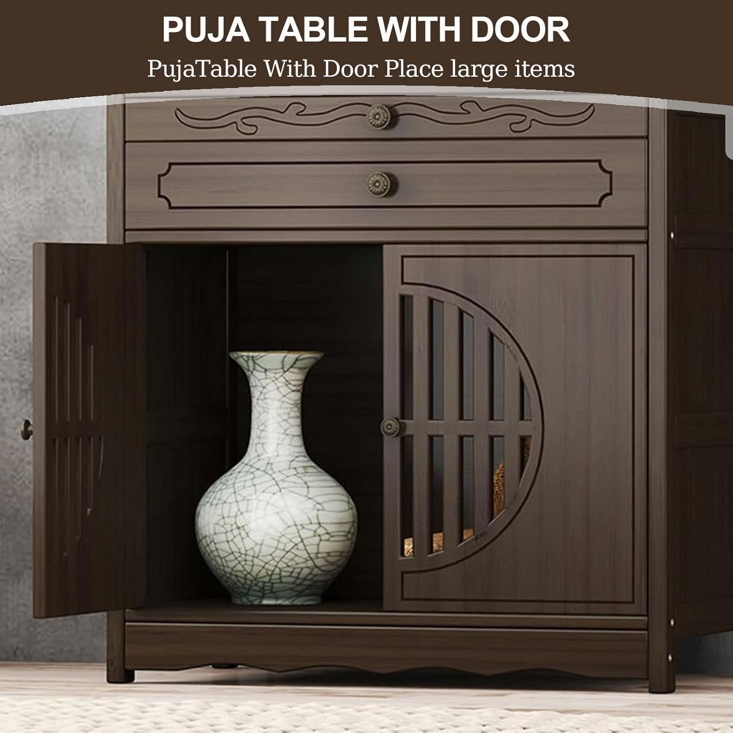 Bamboo Altar Cabinet with Storage & Drawer, 45 in Height Pooja Mandir for Spiritual & Home,Personal Shrine Altar Table with Doors,for Meditation Prayer Spiritual,Walnut,24x13x45in