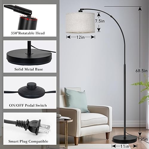 Miniatura 9 de Lámpara de pie para sala de estar, lámpara de pie de arco con cabezal de lámpara ajustable, lámpara de pie de poste alto con interruptor de pedal de