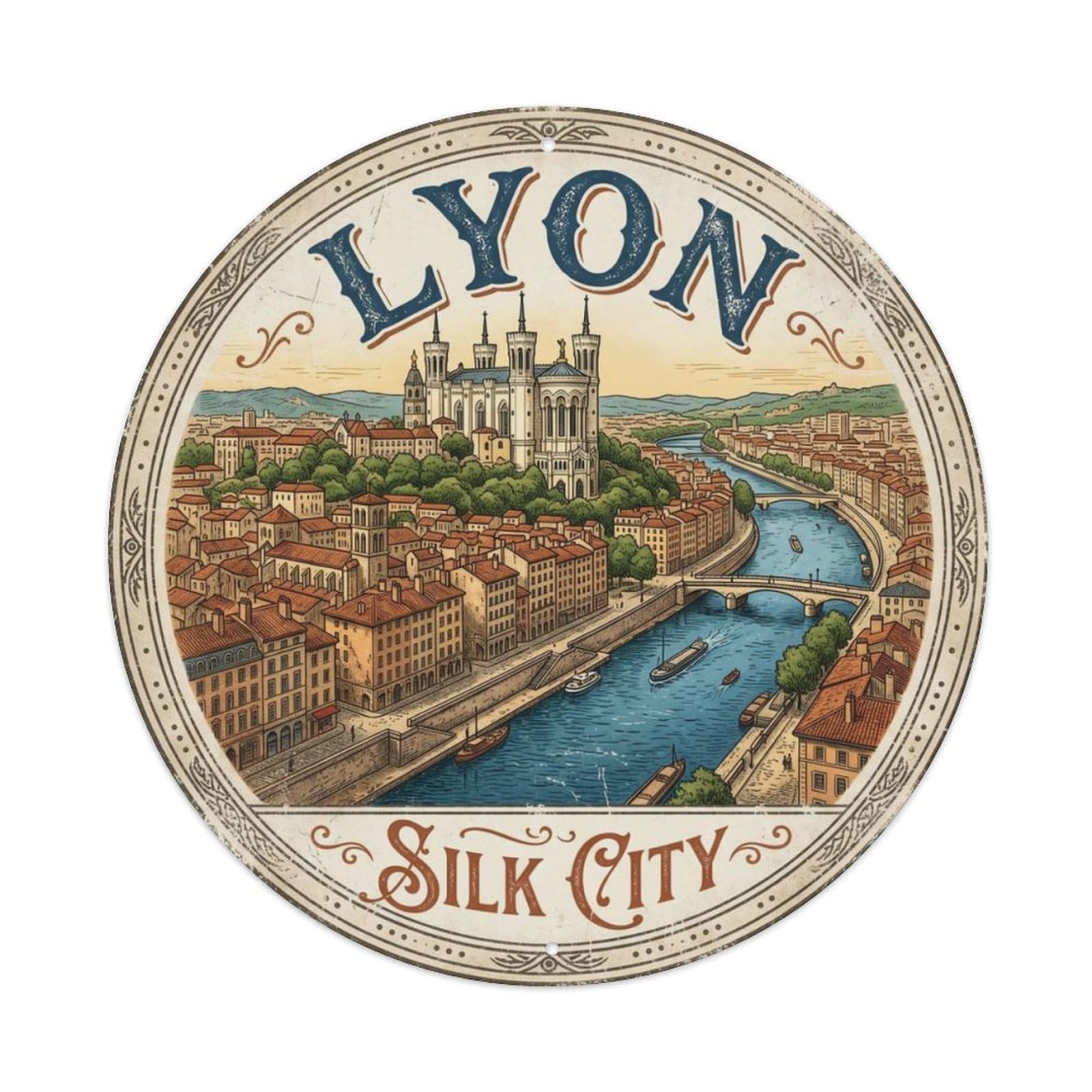 Vintage Travel Lyon Fourviere Basilica Metal Tin Sign Plaque Wall Decor for Cafe, Club Bar, Office, Home Garden Round Metal Poster 8x8Inch