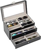 ProCase 3-Layer Sunglasses Organizer: 18-Slot Leather Eyeglass Storage Box with Display Lid for Men Women - Black