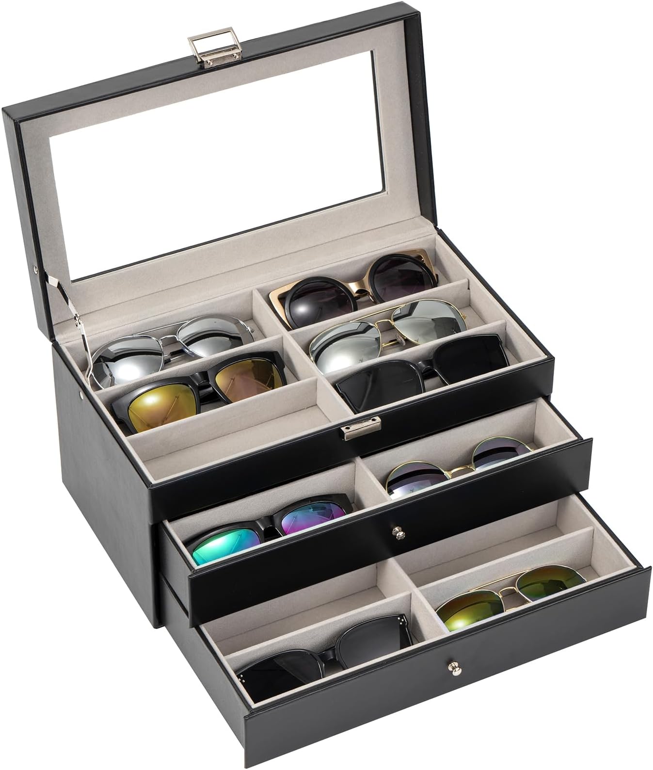 ProCase 3-layer Sunglasses Storage Organizer, 18 Slots Leather Sunglass Box Multiple Pairs Eyeglass Cases Eye Glass Eyewear Display Holder for Men Women, Valentine's Day Gift -Black