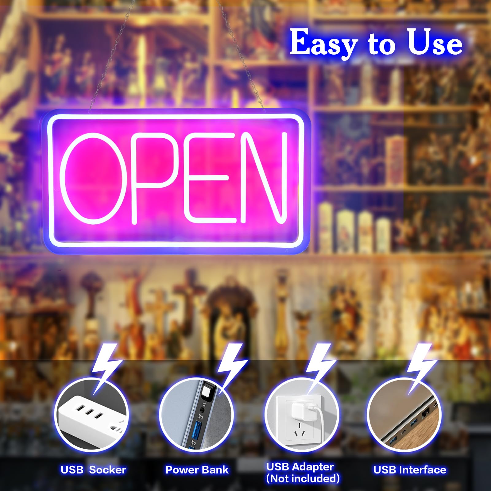 OPEN Letreros LED de Neón, 42 x 22 cm, Letreros Abiertos Iluminados, Tablero de Publicidad, Letrero Eléctrico Alimentado por USB, Ajustable, Brillante, Para Tiendas, Ventanas Horizontal