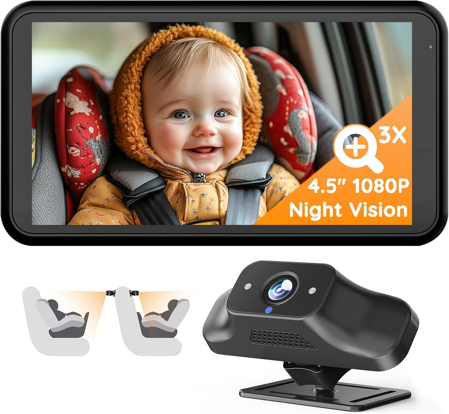 Babyvue BC1 Baby Car Camera, 4.5″ 1080P HD Screen & 3X Zoom, AUTO IR Night Vision Car Baby Monitor with Adjustable Brightness, 2-Min Easy Install Car Seat Camera for Babies & Pets to Drive Safely