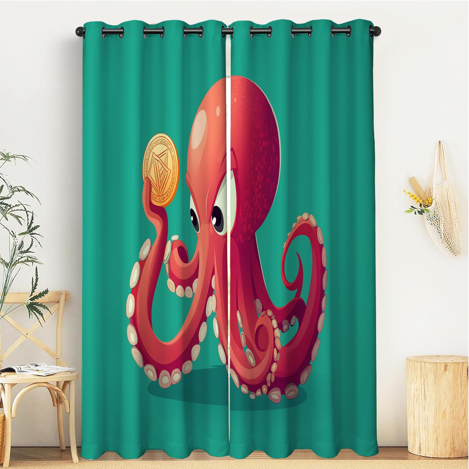 Isolanti Per Camera Da Letto Stampa 3D Polpo Moneta Rosso 2 Pannelli 140X245Cm Tende Soggiorno Illustrazione Animali Decorazione Motivo Finestra Bambini Tenda Oscuranti Occhielli