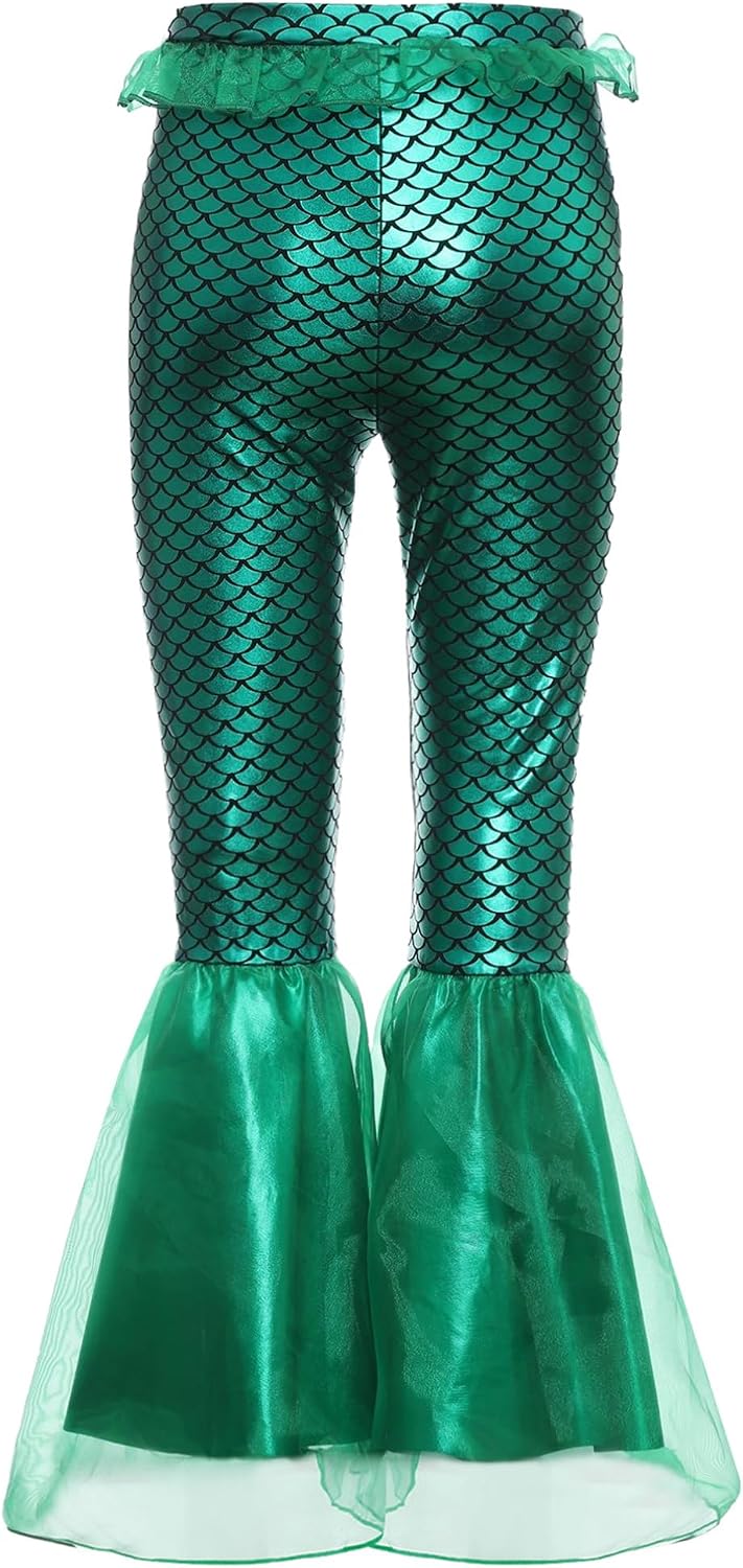 Girls Mermaid Scale Leggings Bell Bottom Pants 6-16 Years | Vintage, Elastic Waistband, Flared Hem, Disco Theme Party, Pull On