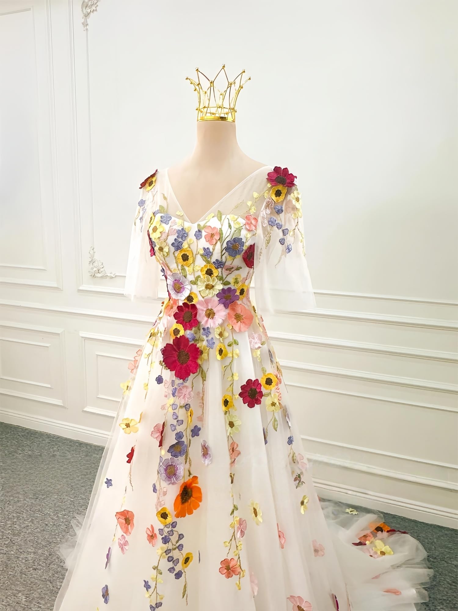 TSxuelian Fiori 3D Mezze Maniche Abito Da Sposa Ricamo Floreale Tulle Una Linea Puff Abiti Da Sposa per Le Donne Vestidos De Noche