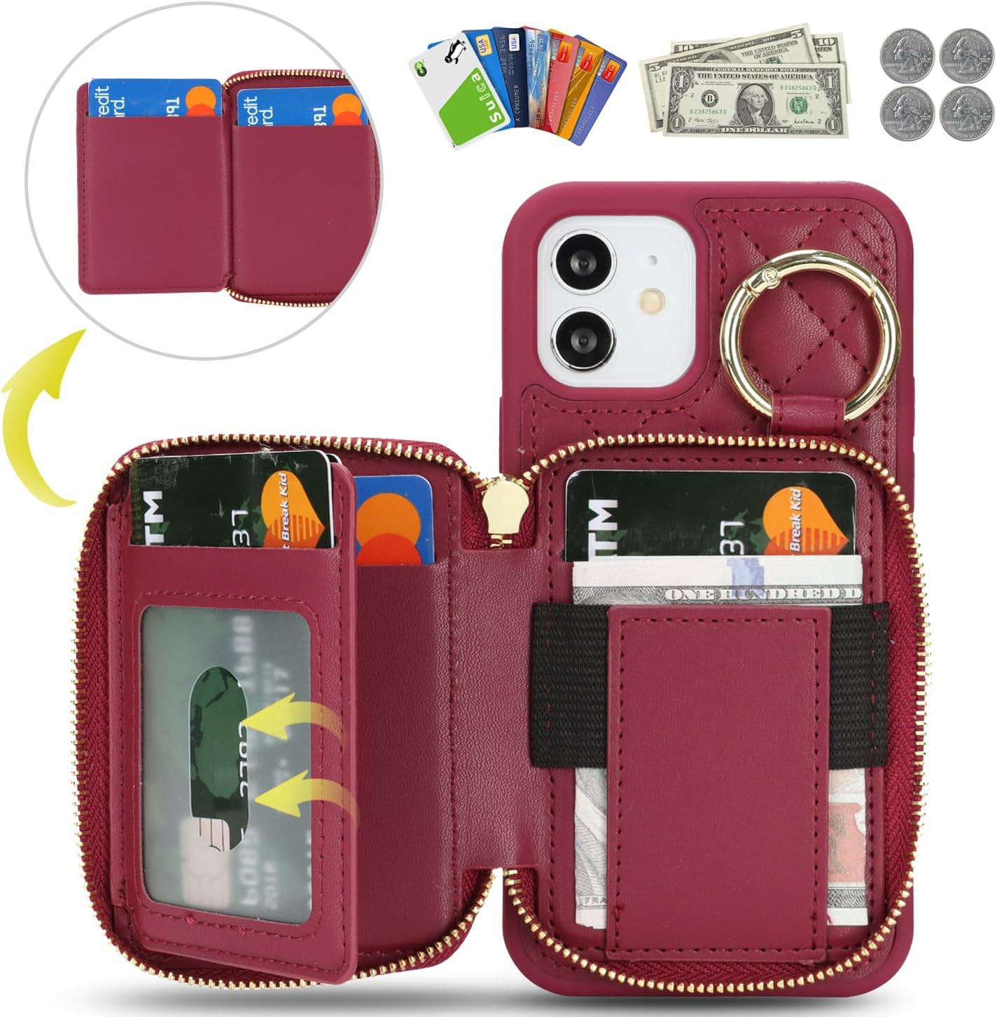 for iPhone 12 Case Wallet with Card Holder,for iPhone 12 pro Phone case Wallet with Zipper with Slot Kickstand Stand Case for Women and Man 5G 6.1 Inch-Dark red