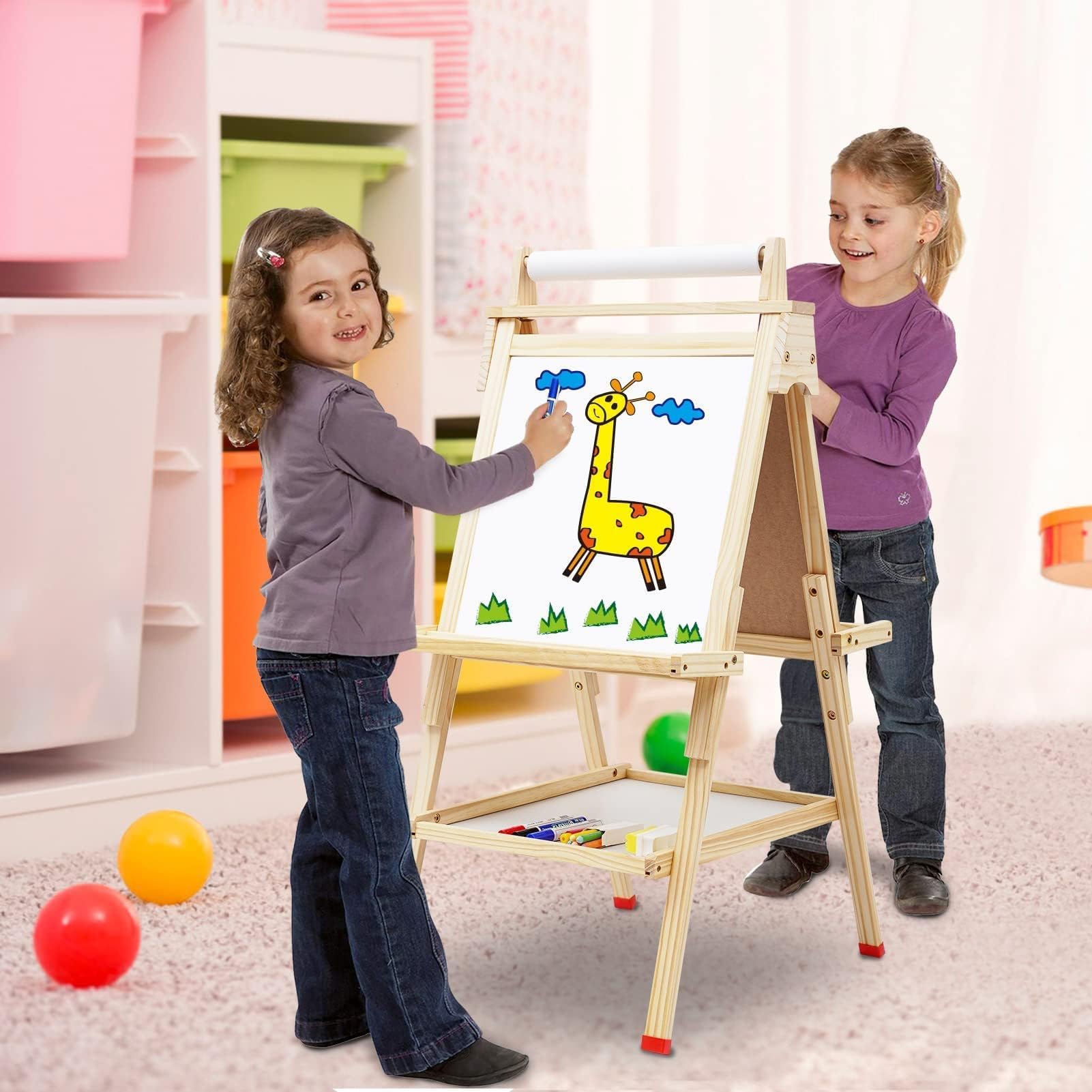 Lavagna in Legno per Bambini, Altezza Regolabile Cavalletto per Bambini con Rotolo di Carta, Lavagna Bianca su Due Lati, con Numeri e Altri Accessori per 3 + Anni Regalo