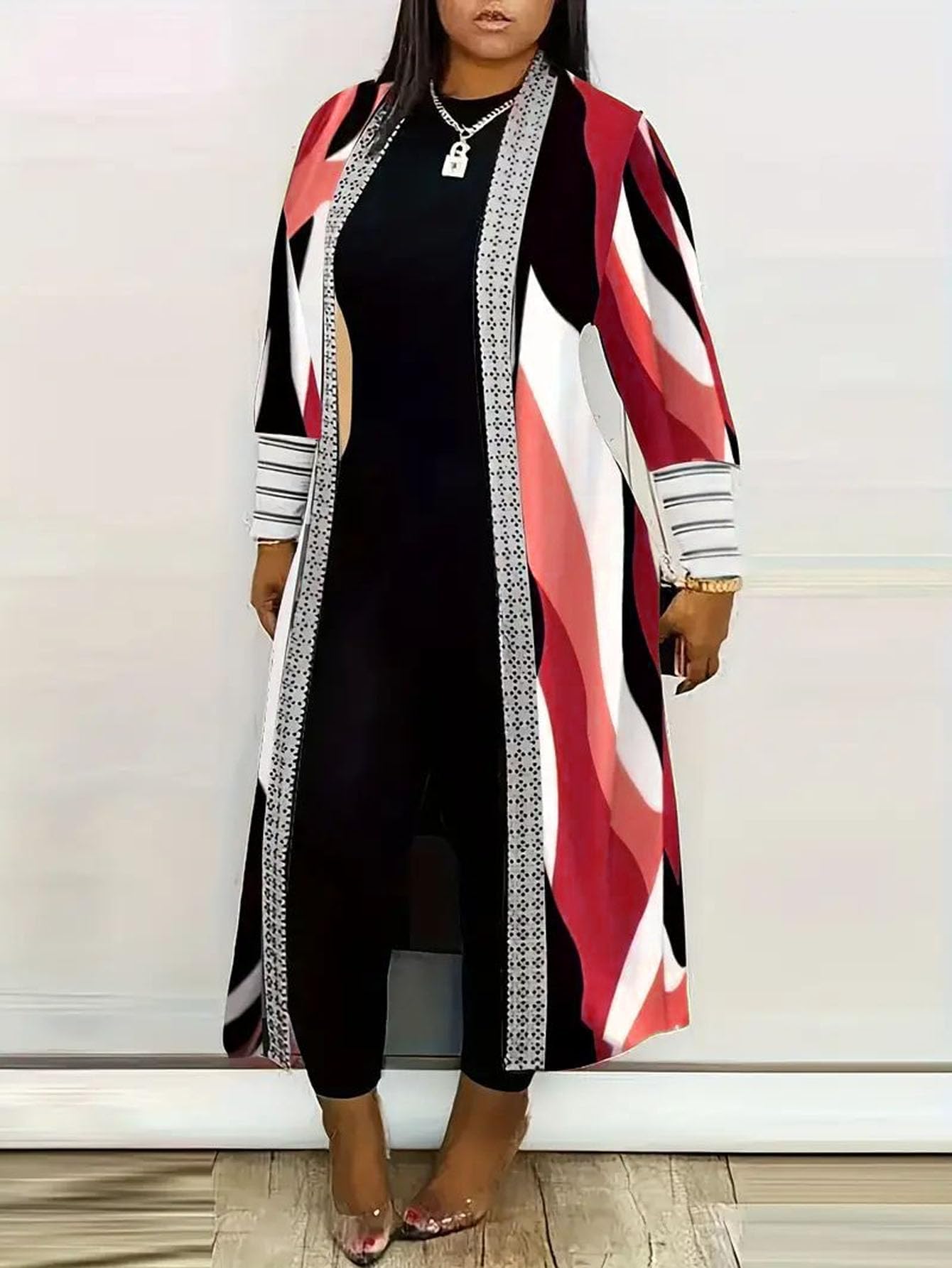 Women's Plus Size Color Block Patchwork Cardigan Long Sleeve Open Front Casual Coat, Fall Winter Lightweight Knit Cover Up
