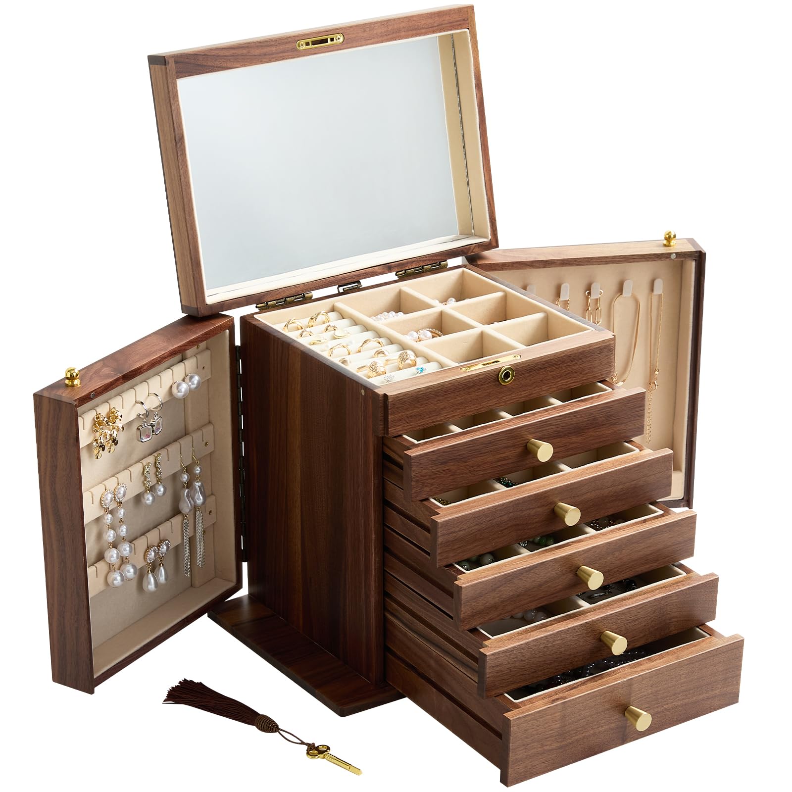 6-Layer Black Walnut Wooden Jewelry Box with Lock and Key Large Luxury Jewelry Organizer Box for Women Ideal