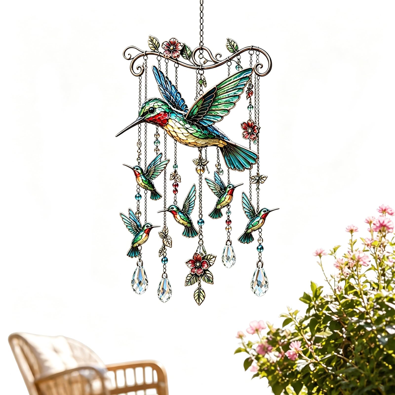 Graceful Bird Wind Chime with Crystal Pendants Metal Hanging Wind Chimes