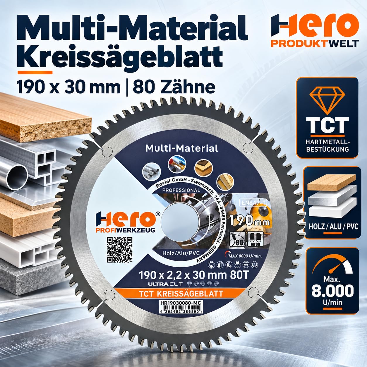 HERO - Lama per sega circolare, 190 x 30 mm, 80 denti, in metallo duro TCT multimateriale, per legno, laminato, alluminio, PVC e metalli non ferrosi, taglio fine di precisione