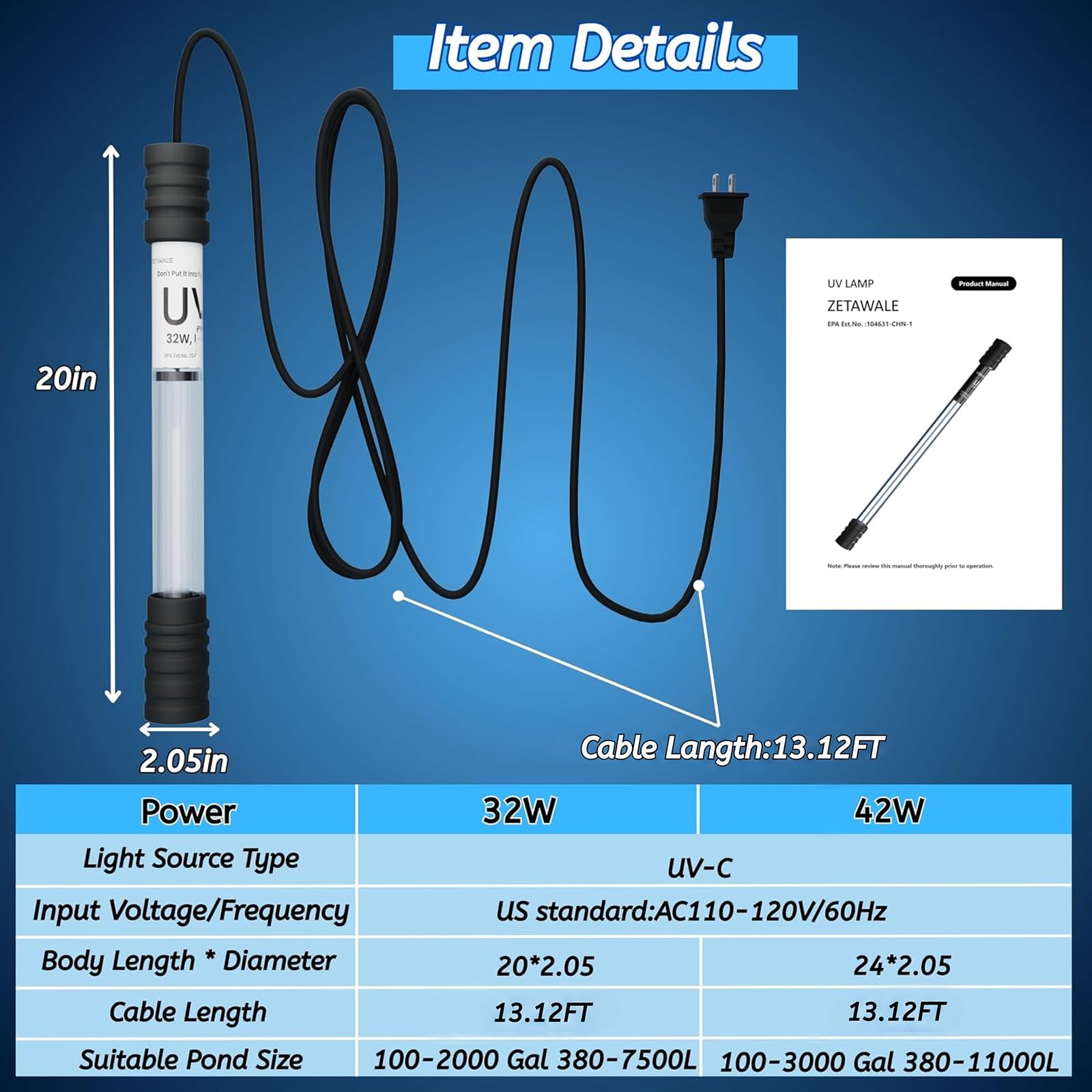 Luz UV para estanque de peces, clarificador de agua UV para estanque de 100-2000 galones, filtro UV para estanque koi, piscina, spa, acuario de luz UV grande para control de algas de estanque