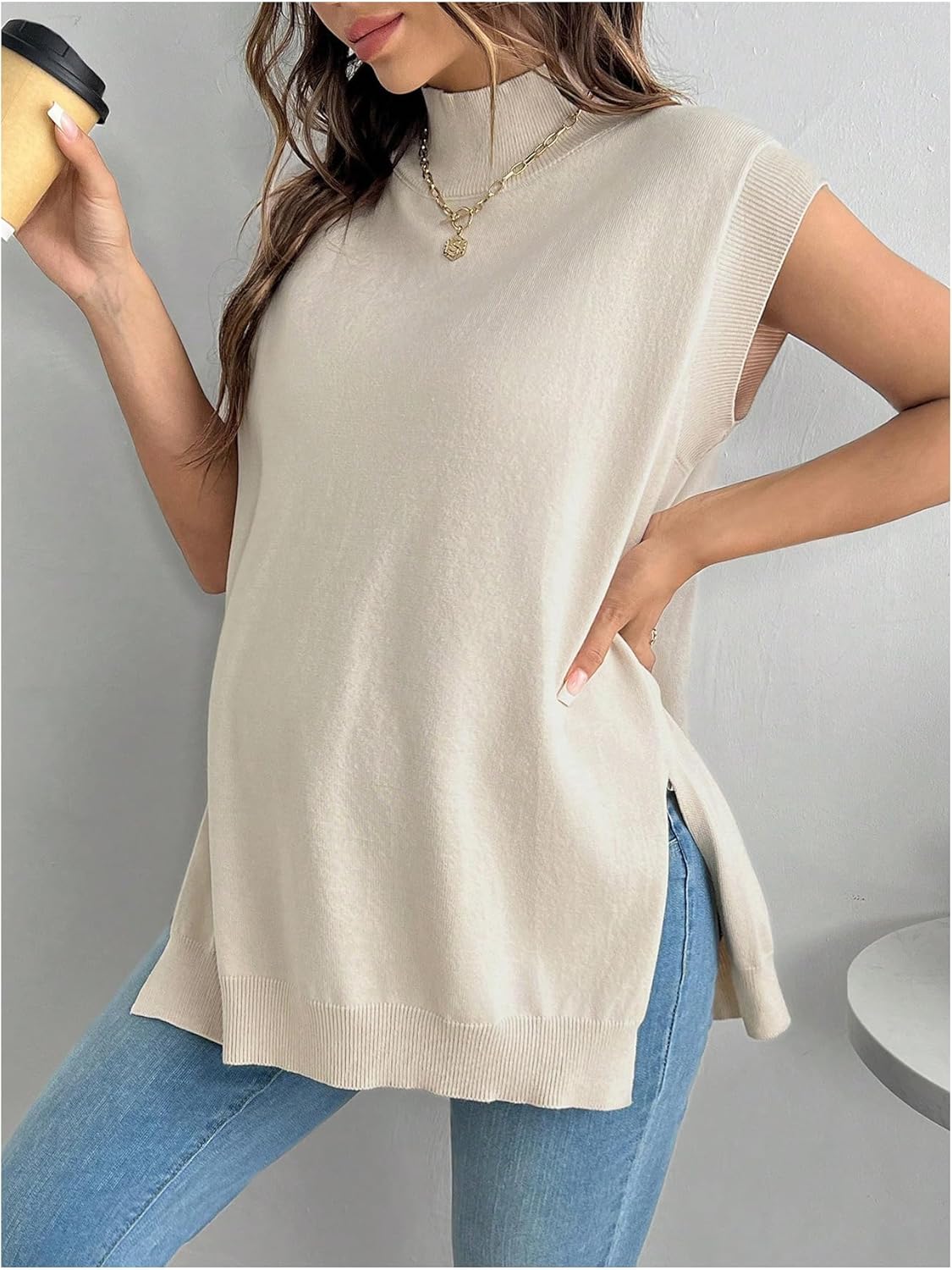MakeMeChic Women's Maternity Turtleneck Sweater Vest Tops Mock Neck Sleeveless Slit Hem Pregnancy Knit Sweater - Image 5