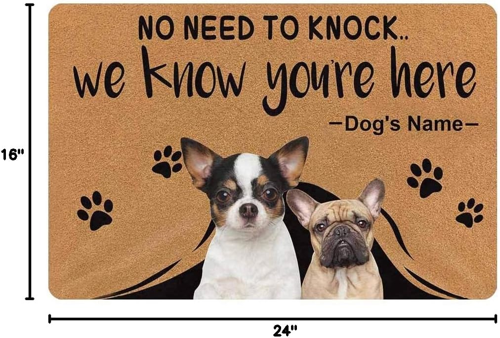 MyPupSocks Custom No Need to Knock We Know You're Here Doormat with Picture Text Name Door Mat Floor Rug 23.6 x 15.7 Inches Indoor Outdoor Bathroom Living Room Non Slip Decor