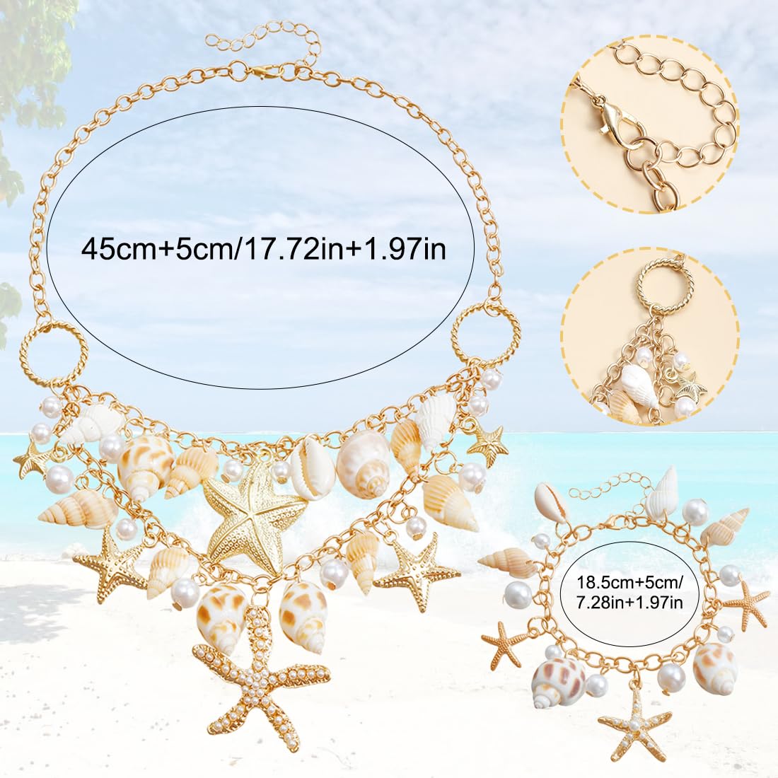 Juego de joyas de disfraz de sirena para mujer, accesorios de disfraz de sirena, estrella de mar, caracola, concha, collar, pulsera, perlas, estrella de mar, aretes de clip para el pel(A)