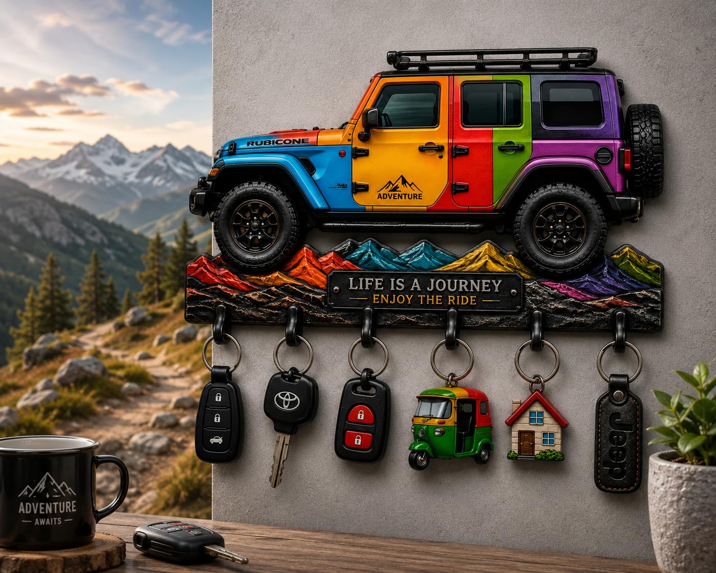 CAPIO ART MDF Wall Key Holder, Jeep Adventure Design, 30x22 cm | 6 Metal Hooks, UV Printed, Moisture Resistant, Sawtooth Wall Mount, 3 mm Thick MDF-image-14