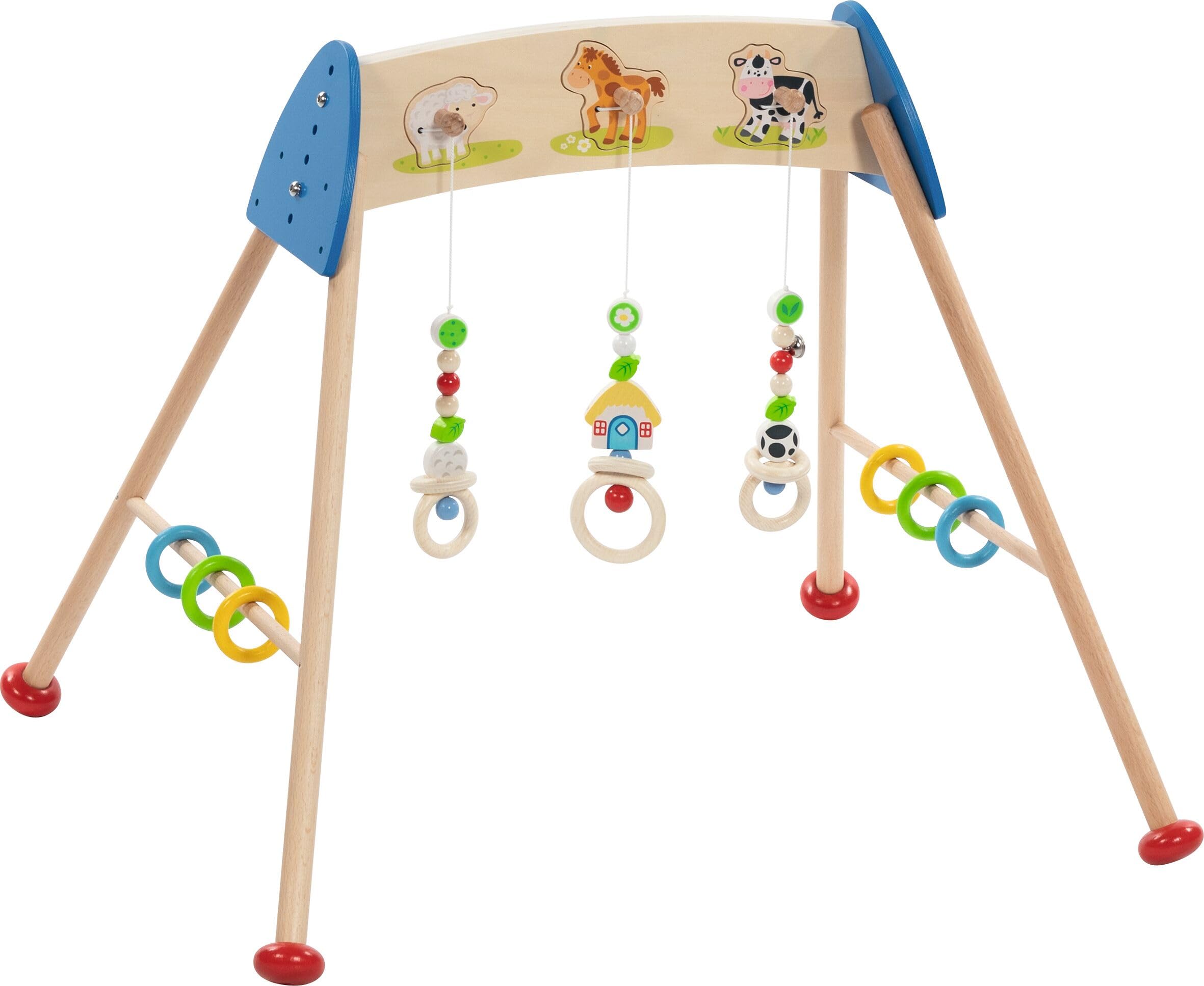 goki 6634 - baby Bauernhof-Set aus Holz, 3 teiliges Geschenkset inkl. Spielbogen mit Tierstimmen, Schnullerkette und Käfigrassel, Made in Germany, Bauernhoftiere, ideal für Kleinkinder ab der Geburt