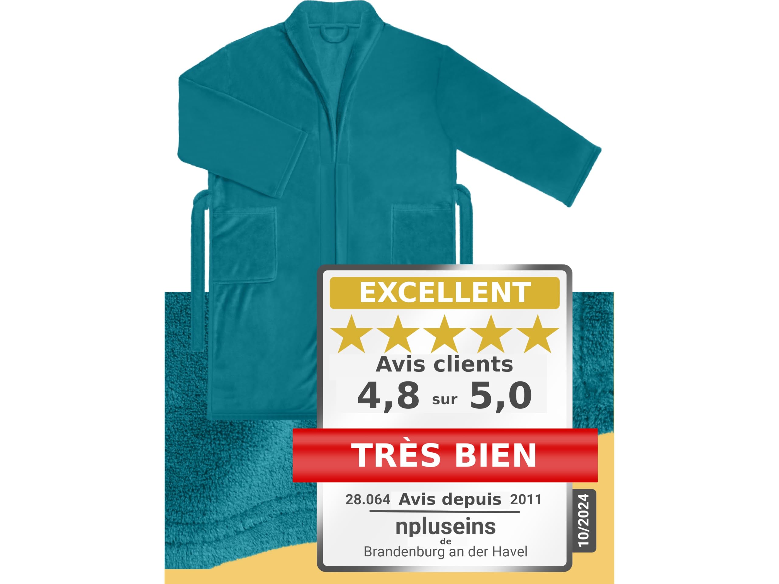 npluseins Peignoir de bain en polaire moelleuse avec col châle – Femme & Homme, XL, Pétrole