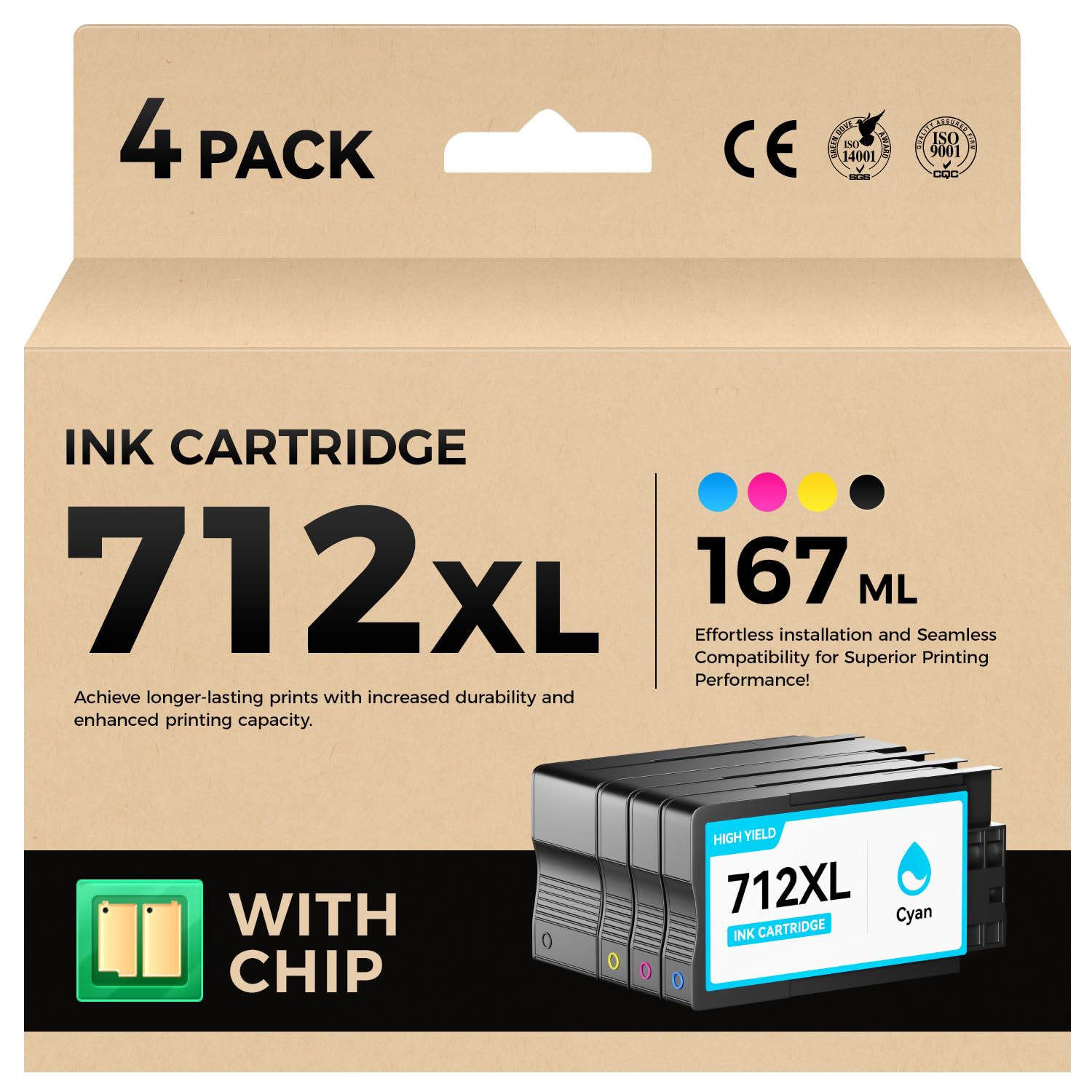 712XL Ink Cartridges Compatible Replacement for HP 712XL 712 Ink Cartridge Combo Pack for HP DesignJet T210 T630 T650 T250 T230 Studio Plotter Printer (4 Pack, 80-ml Black + 29-ml Cyan/Magenta/Yellow)