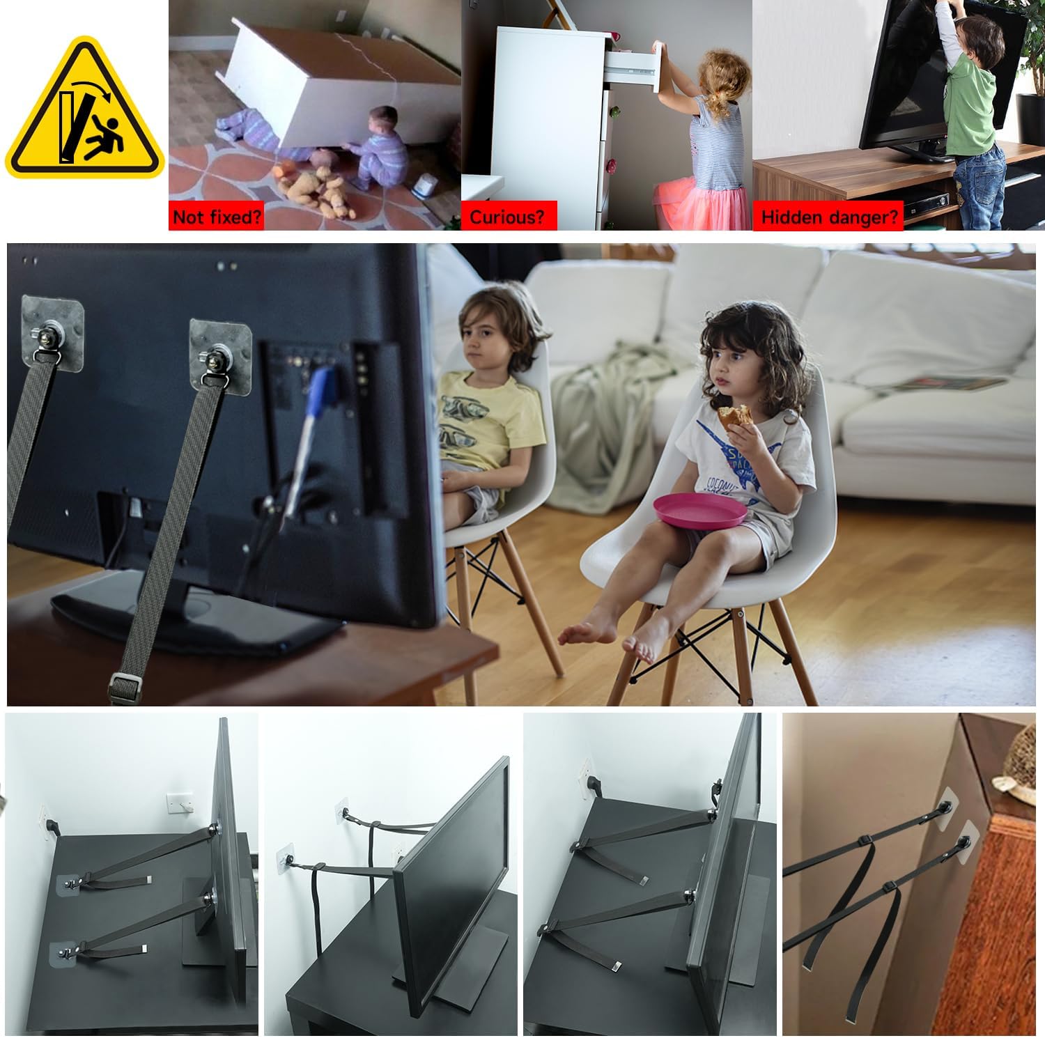 TV Tilt Protection Cabinet Straps, TV Tilt Protection for Children Safety Straps 2 Pack Adjustable, Borehole Depth Adhesive Furniture Anchor for Baby Lock, Flat Screens on Wall, Cabinet, Stand or Desk