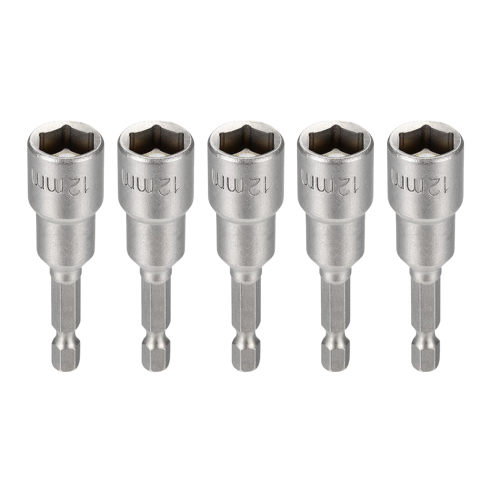 sourcing map 5pcs Nut Driver Drill Bit 12mm Metric Socket 1/4" Hex Shank 2.56" (65mm) Magnetic 6-Point Sockets Quick Change Cr-V Steel Bolt Setters for Power Drill Drivers, Gray — image 1