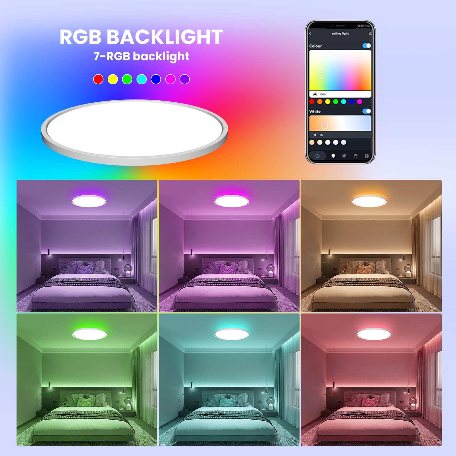 Plafoniera LED Soffitto Dimmerabile 40cm, 48W Lampada da Soffitto RGB con Telecomando App Compatibile con Alexa, Luce d'Ambiente 7 Colori per Camera da Letto Soggiorno Festa, IP44 per Bagno Cucina