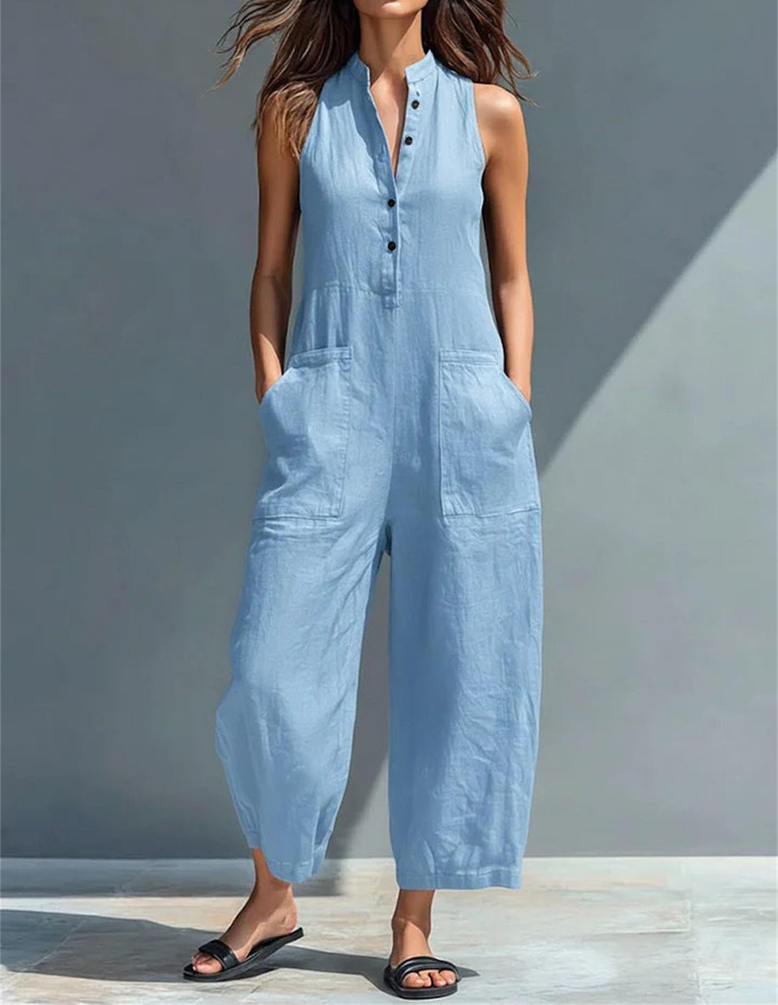 Damen-Jumpsuit aus Leinenmischgewebe mit Stehkragen, Knopfleiste, ärmellos, locker geschnitten, weites Bein und Taschen
