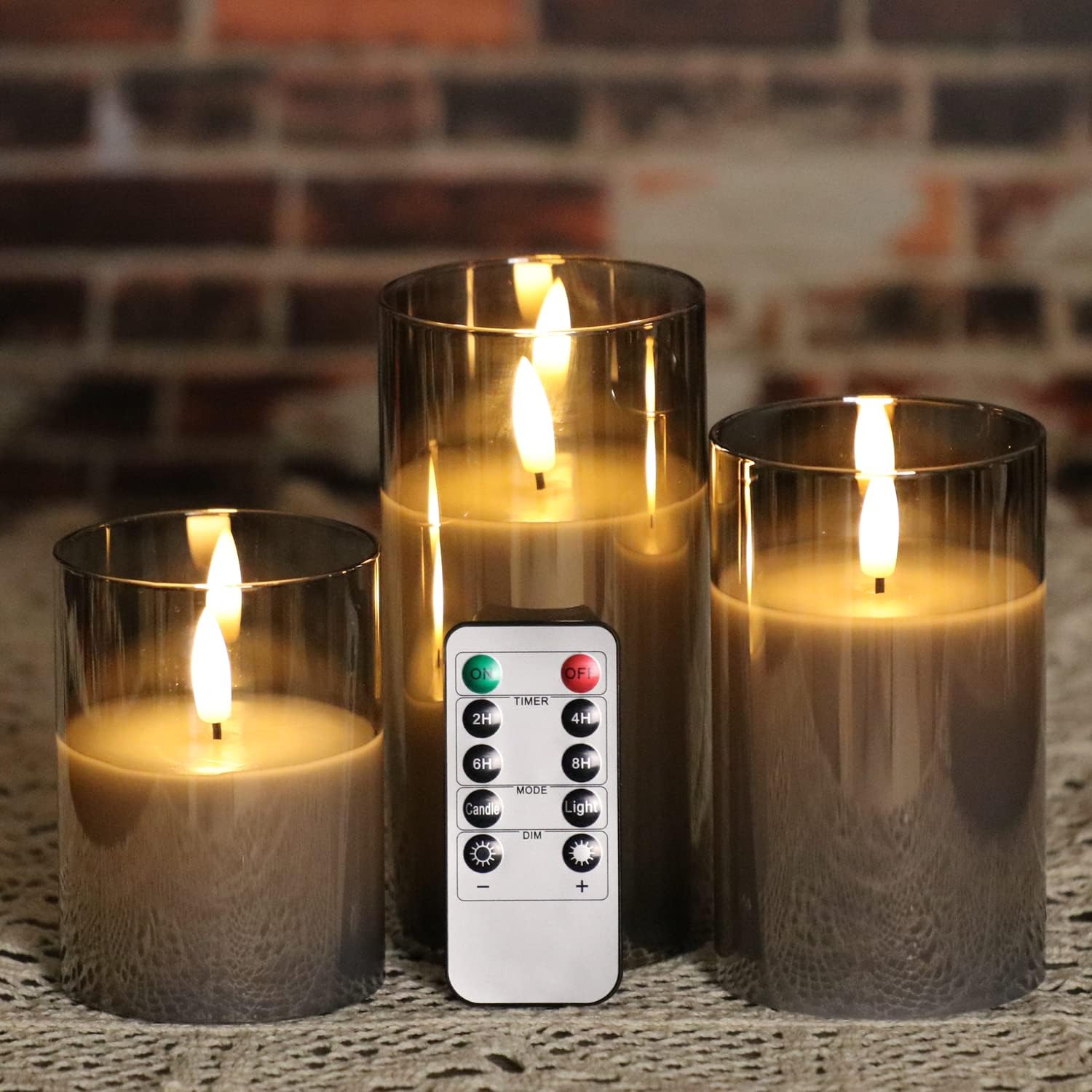 Set of 3 Gray Glass Flameless Candles Battery Operated with Timer and Remote, Flickering Glass LED Pillar Candles Battery Powered, Real Wax, D3 H4 5" 6"