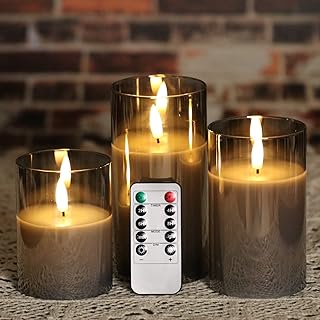 OWLZOO Set of 3 Gray Glass Flameless Candles Battery Operated with Timer and Remote, Flickering Glass LED Pillar Candles Battery Powered, Real Wax, D3 H4 5