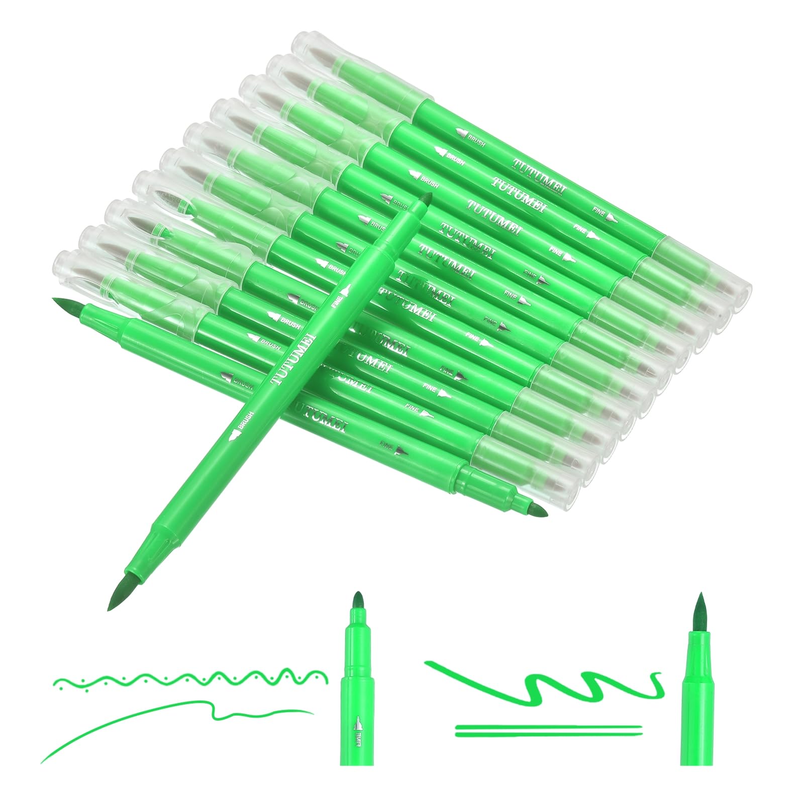 PATIKIL 12 Pack Dual Markers Brush Pens, Bright Green Double Tip Colored Pen Coloring Marker Set Supplies for Adults Coloring Books Note Taking Writing Calligraphy Drawing Sketching